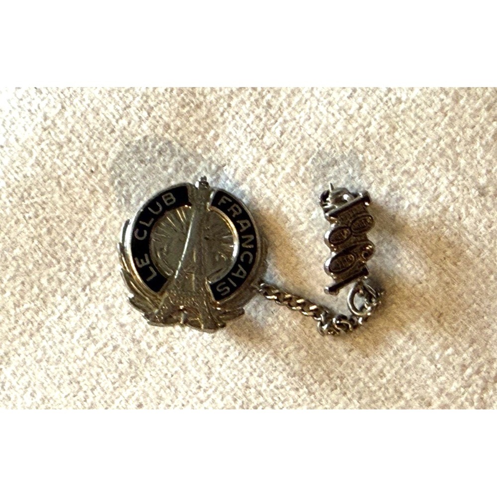 Vintage 1981 French Club Pin with Chain - Silvertone & Enamel Lapel Pin